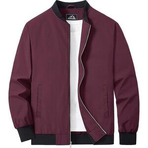Men's Wine Red Lightweight Casual Style Bomber Jacket Golf Coat Zip Up Pockets